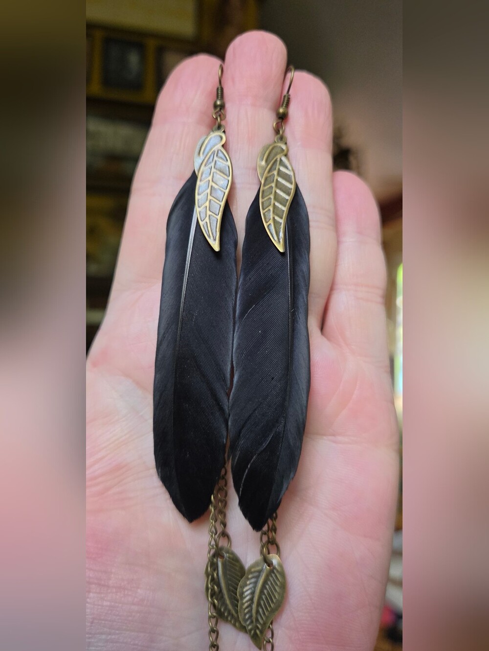 Natural Feather Drop Earrings Bronze Leaf & Chain Accent